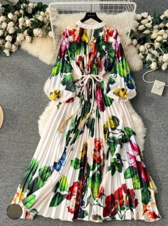 Dresses & Skirts - Women Colorful Flower Printed Belted Pleated Maxi Dress